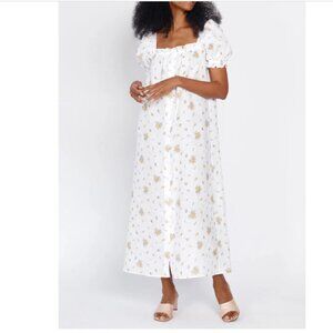 Sleeper Brigitte Linen Floral Midi Dress Mimosa Puff Sleeve Ivory Yellow Small